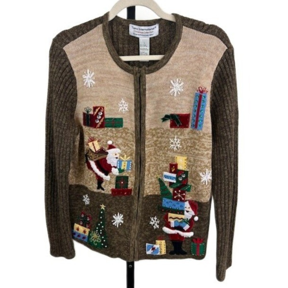 Vintage‎ Tiara Brown Santa Cardigan Sweater Christmas Collection Size Large